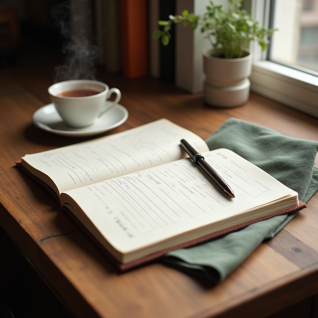 Notebook and pen on a desk used for reflecting on daily habit patterns